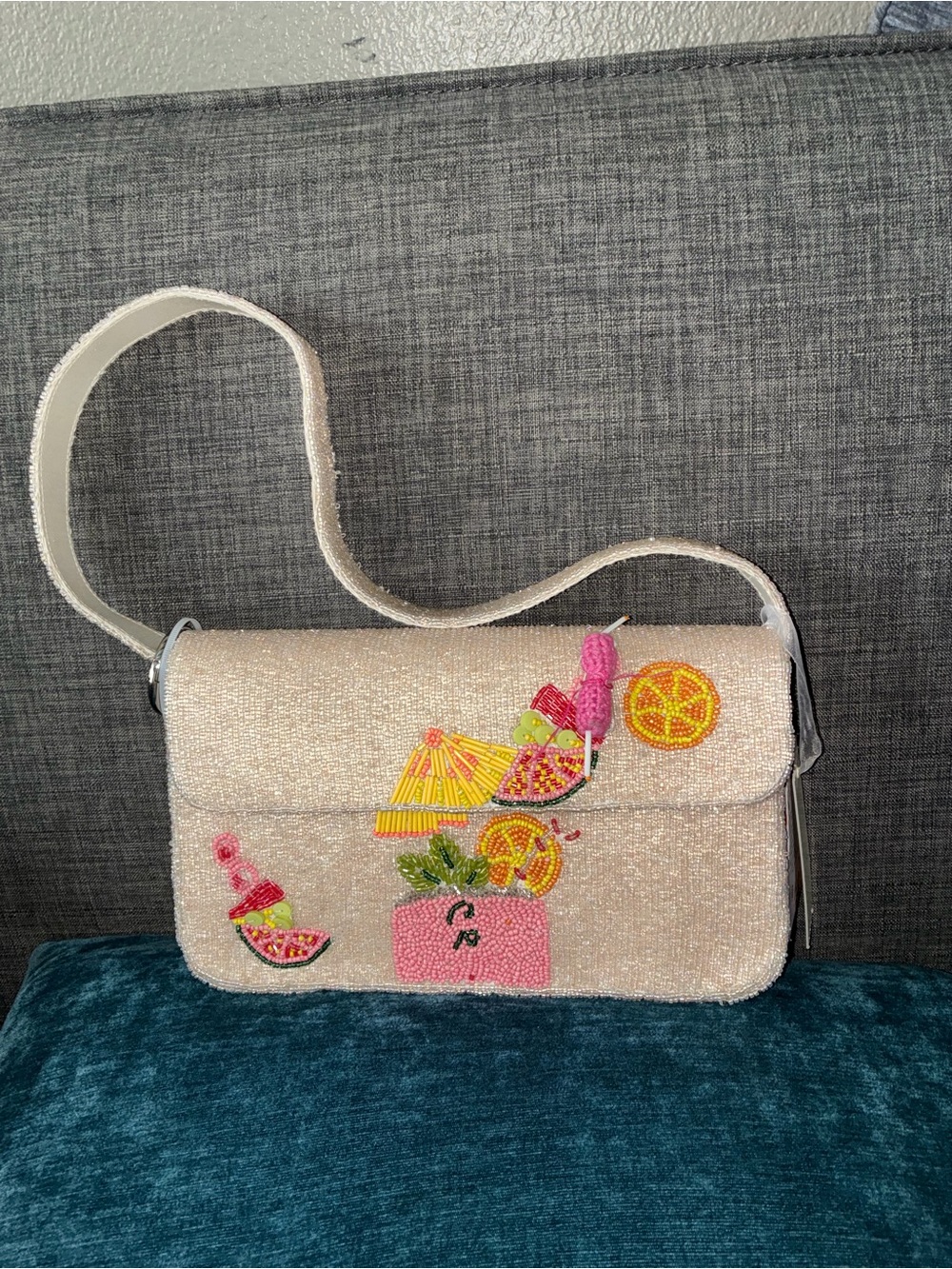 Beaded Pink Tropical Cocktail Crossbody Bag